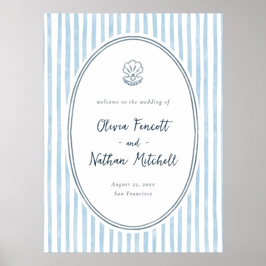 Whimsical Frame Blue Stripes Wedding Welcome Sign Poster (Voorkant)