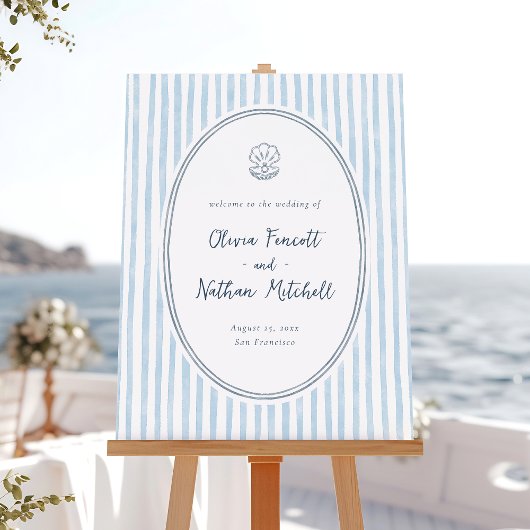 Whimsical Frame Blue Stripes Wedding Welcome Sign Poster