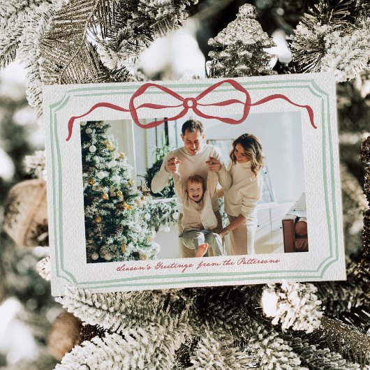 Whimsical Frame Holiday Bow Family Photo Card Feestdagenkaart