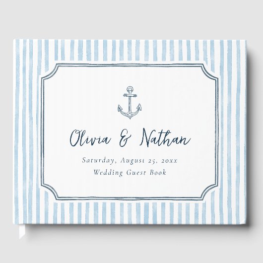 Whimsical Frame Retro Blue Stripes Wedding Gastenboek (Voorkant)