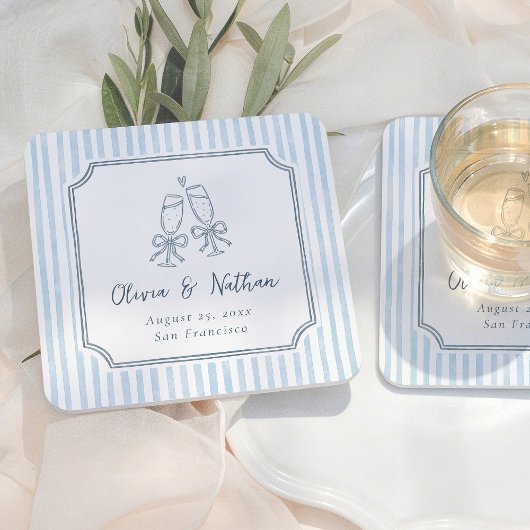 Whimsical Frame Retro Blue Stripes Wedding Kartonnen Onderzetters