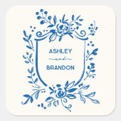 Whimsical Frans Blauwe Botanische Wapen Huwelijk Vierkante Sticker (Voorkant)