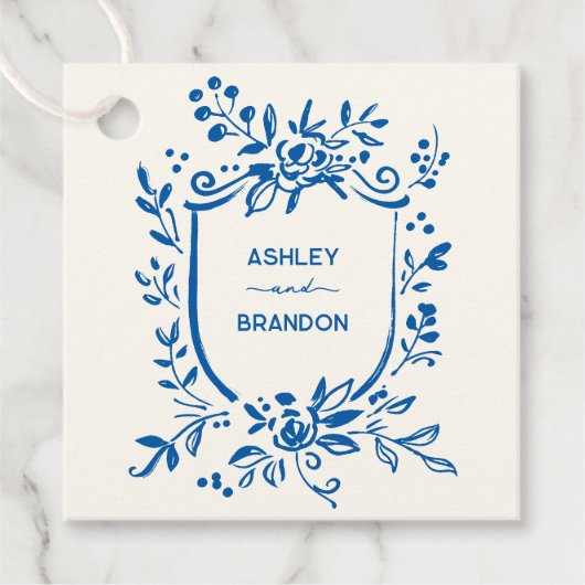 Whimsical French Blue Botanical Crest Wedding Bedankjes Labels (Voorkant)
