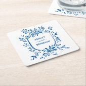 Whimsical French Blue Botanical Crest Wedding Kartonnen Onderzetters (Schuin)