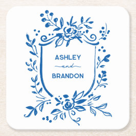 Whimsical French Blue Botanical Crest Wedding Kartonnen Onderzetters
