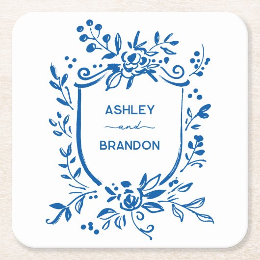Whimsical French Blue Botanical Crest Wedding Kartonnen Onderzetters (Voorkant)