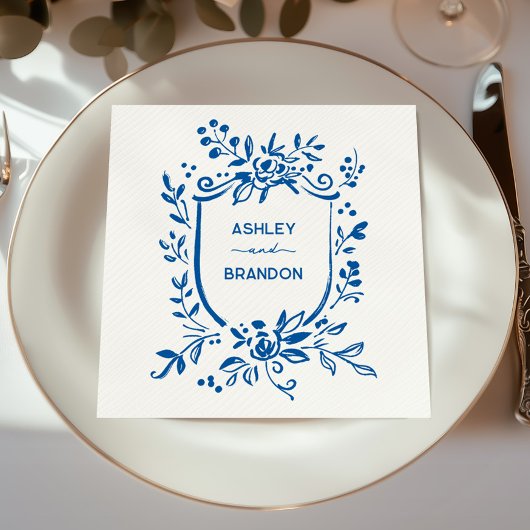 Whimsical French Blue Botanical Crest Wedding Servet