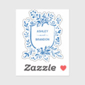 Whimsical French Blue Botanical Crest Wedding Sticker (Vel)