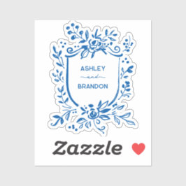 Whimsical French Blue Botanical Crest Wedding Sticker