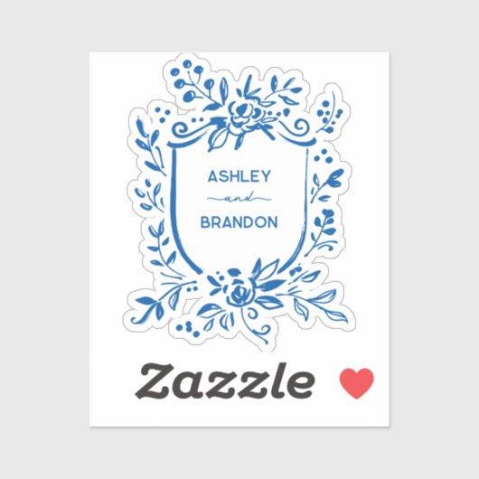 Whimsical French Blue Botanical Crest Wedding Sticker (Vel)