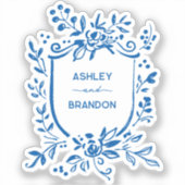 Whimsical French Blue Botanical Crest Wedding Sticker (Voorkant)