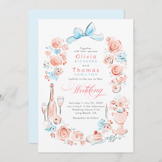 Whimsical French Floral Hand Drawn Wedding Kaart (Voorkant / Achterkant)