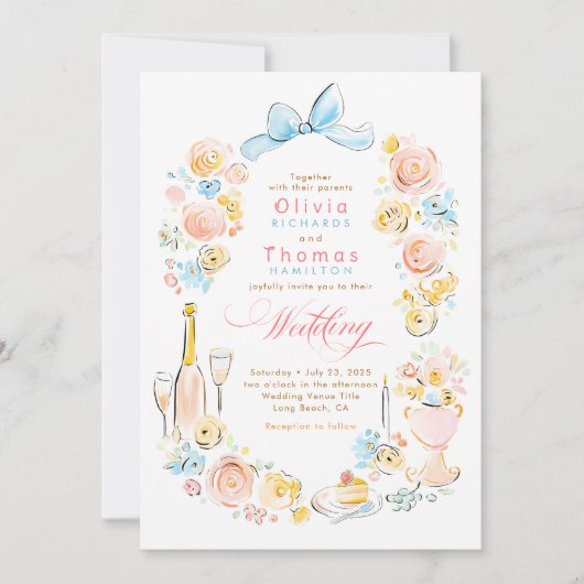 Whimsical French Floral Hand Drawn Wedding Kaart (Voorkant)