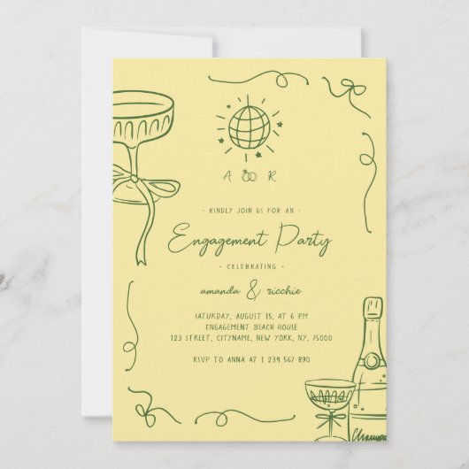 Whimsical French Fun Hand Drawn Engagement Party Kaart (Voorkant)