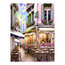 Whimsical French Street Cafe Poster, waterverf