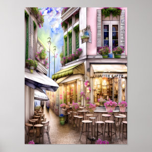 Whimsical French Street Cafe Poster, waterverf Poster