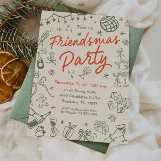 Whimsical Friendsmas Party Uitnodiging, Hand getro Kaart