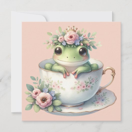 Whimsical Frog in Floral Teacup Flat Wenskaart Kaart (Voorkant)