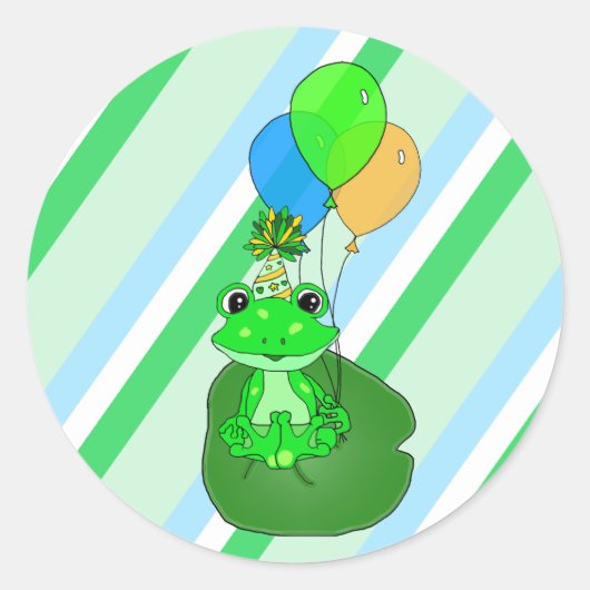 Whimsical Frog op Lily pad met ballonnen Verjaarda Ronde Sticker (Voorkant)