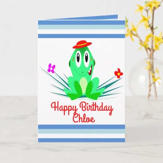 Whimsical Frog Personalized Birthday Kaart (Gele Bloem)