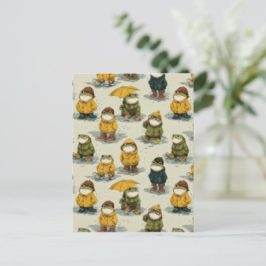 Whimsical Frogs in Raincoats Pattern Briefkaart (Staand voorkant)