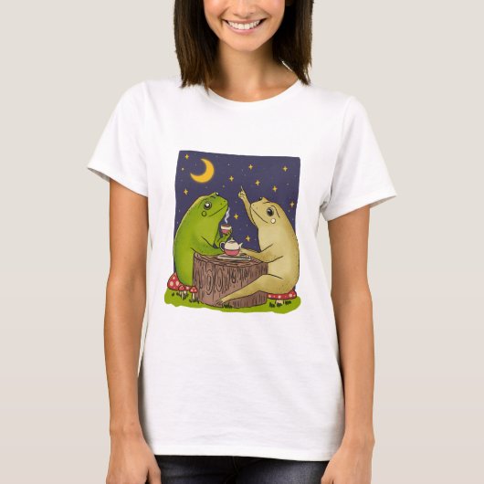 Whimsical Frogs Tea Party At Night Illustration T-shirt (Voorkant)