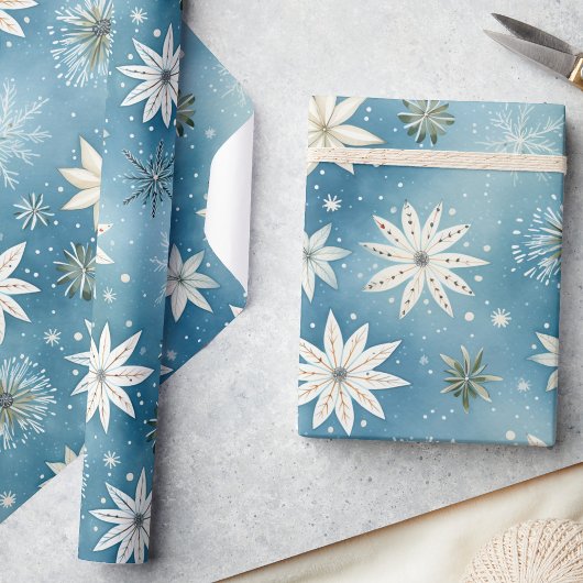 Whimsical Frosty Sneeuwvlokken & Sterren Kerstmis Cadeaupapier