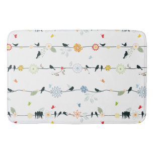 Whimsical Fun Black Birds and Flowers Pattern Badmat