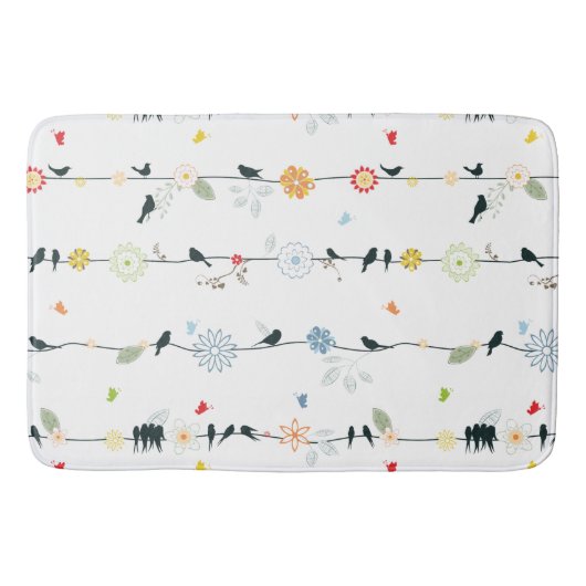 Whimsical Fun Black Birds and Flowers Pattern Badmat (Voorkant)