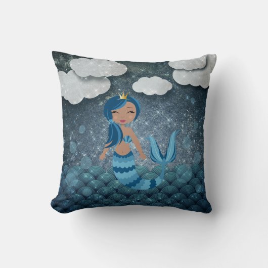 Whimsical Fun Blue en Turquoise Zeemeermin en Zee Kussen (Voorkant)