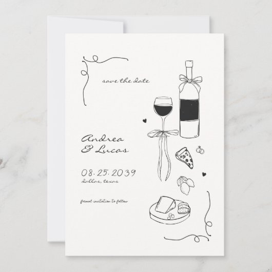 Whimsical Fun Hand getrokken Lijst Wijn Pizza Huwe Save The Date (Voorkant)