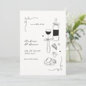Whimsical Fun Hand getrokken Lijst Wijn Pizza Huwe Save The Date (Staand voorkant)