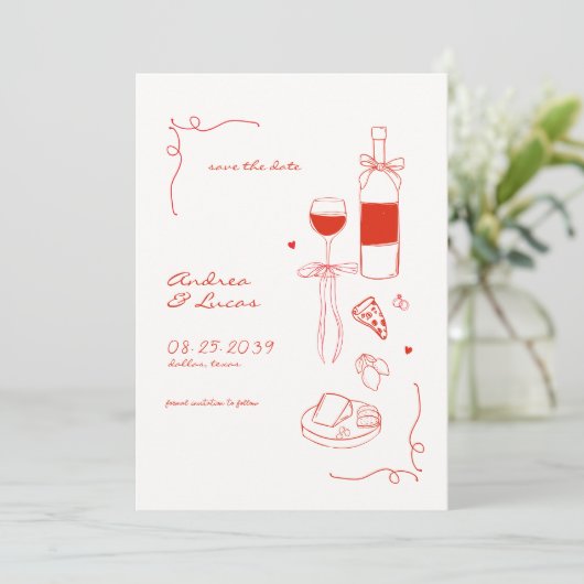 Whimsical Fun Hand getrokken Lijst Wijn Pizza Huwe Save The Date (Staand voorkant)