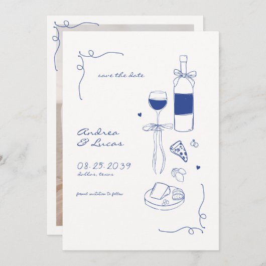 Whimsical Fun Hand getrokken Lijst Wijn Pizza Huwe Save The Date (Voorkant / Achterkant)