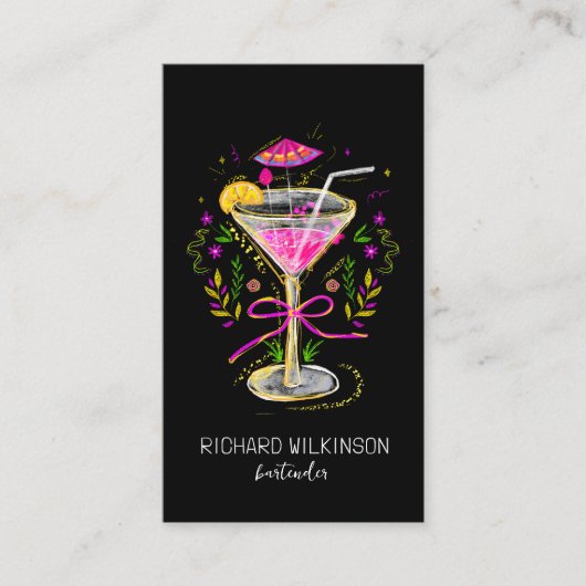 Whimsical Fun Martini Bartender Cocktail Ober Visitekaartje (Voorkant)