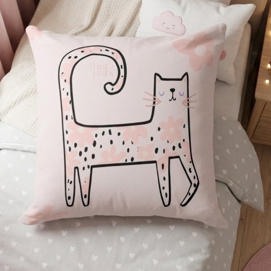 Whimsical Fun Roze Bloemenkleed Kat Denk Roze Kussen