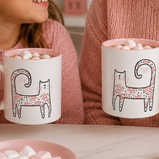 Whimsical Fun Roze Bloemenkleed Kat Think Pink Mok
