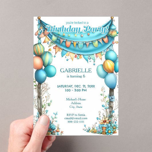 Whimsical Fun Teal Birthday  Acryl Uitnodigingen (Insitu (Draagbaar))