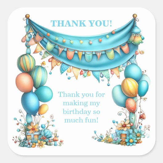 Whimsical Fun Teal Birthday Vierkante Sticker (Voorkant)