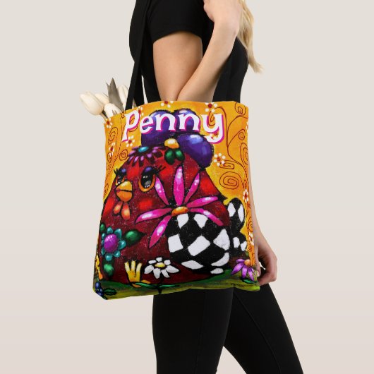 Whimsical Funky Chunky Floral Chicken Gepersonalis Tote Bag (Dichtbij)
