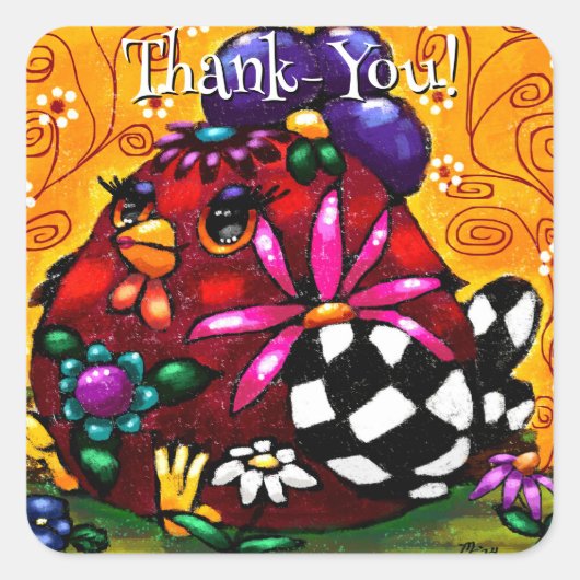 Whimsical Funky Chunky Floral Chicken Kleurrijk Vierkante Sticker (Voorkant)