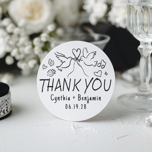 Whimsical Funky Cute Hand Drawn Wedding Thank You Ronde Sticker