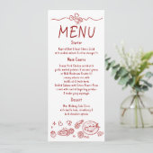 Whimsical Funky Decor Handgeschreven Rode Huwelijk Menu (Staand voorkant)