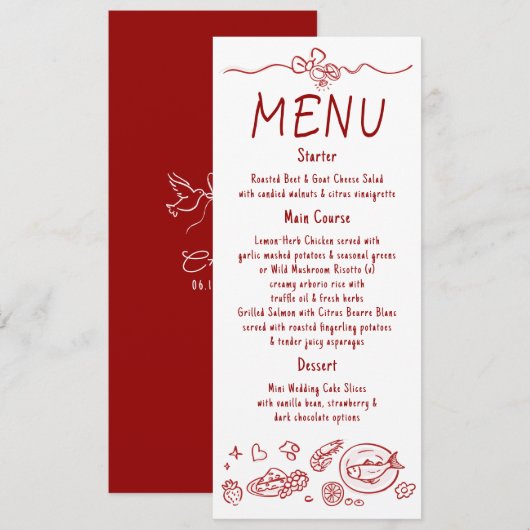 Whimsical Funky Decor Handgeschreven Rode Huwelijk Menu (Voorkant / Achterkant)