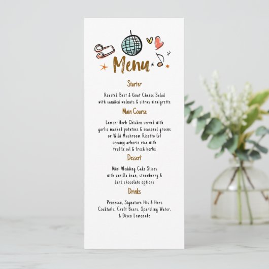 Whimsical Funky Decor Handgeschreven Wedding Menu (Staand voorkant)