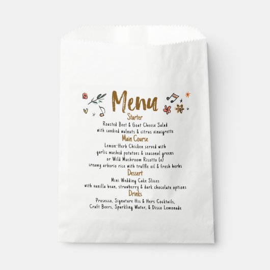 Whimsical Funky Decor Handgeschreven Wedding Menu Bedankzakje (Voorkant)