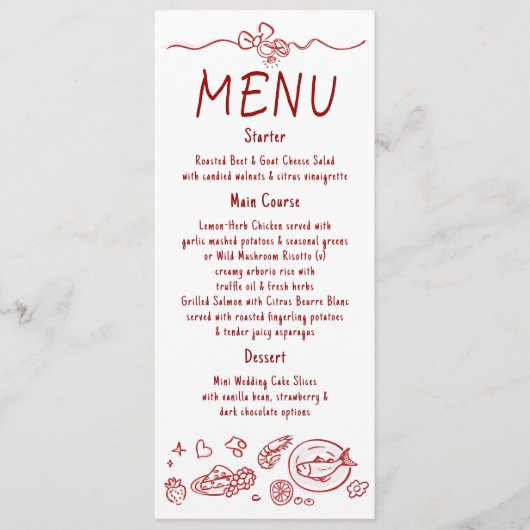Whimsical Funky Decor Handwritten Red Wedding Menu (Voorkant)