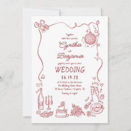 Whimsical Funky Hand Drawn Burgundy Retro Wedding Kaart