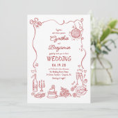 Whimsical Funky Hand Drawn Burgundy Retro Wedding Kaart (Staand voorkant)