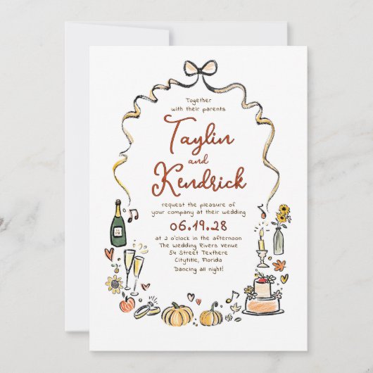 Whimsical Funky Hand Drawn Doodles Fall Wedding Kaart (Voorkant)